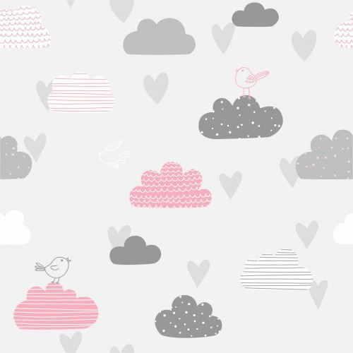 Papel de Parede Infantil Nuvem Rosa com Cinza - 1