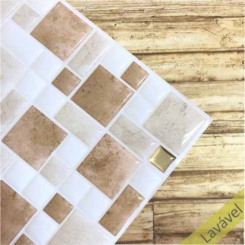 Placa de Pastilha Adesiva Resinada Mosaico Pedra Rose, Branco e Dourado - 28,5cm x 31cm