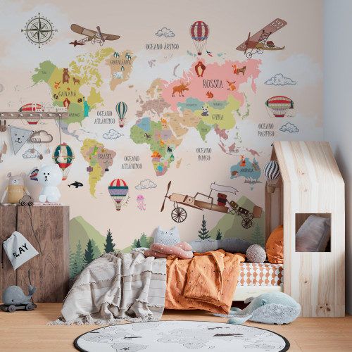 Painel Mapa Mundi Animais e balões 
